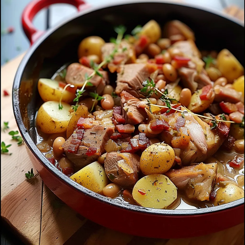 Porc mijoté avec flageolets, pommes de terre et lardons