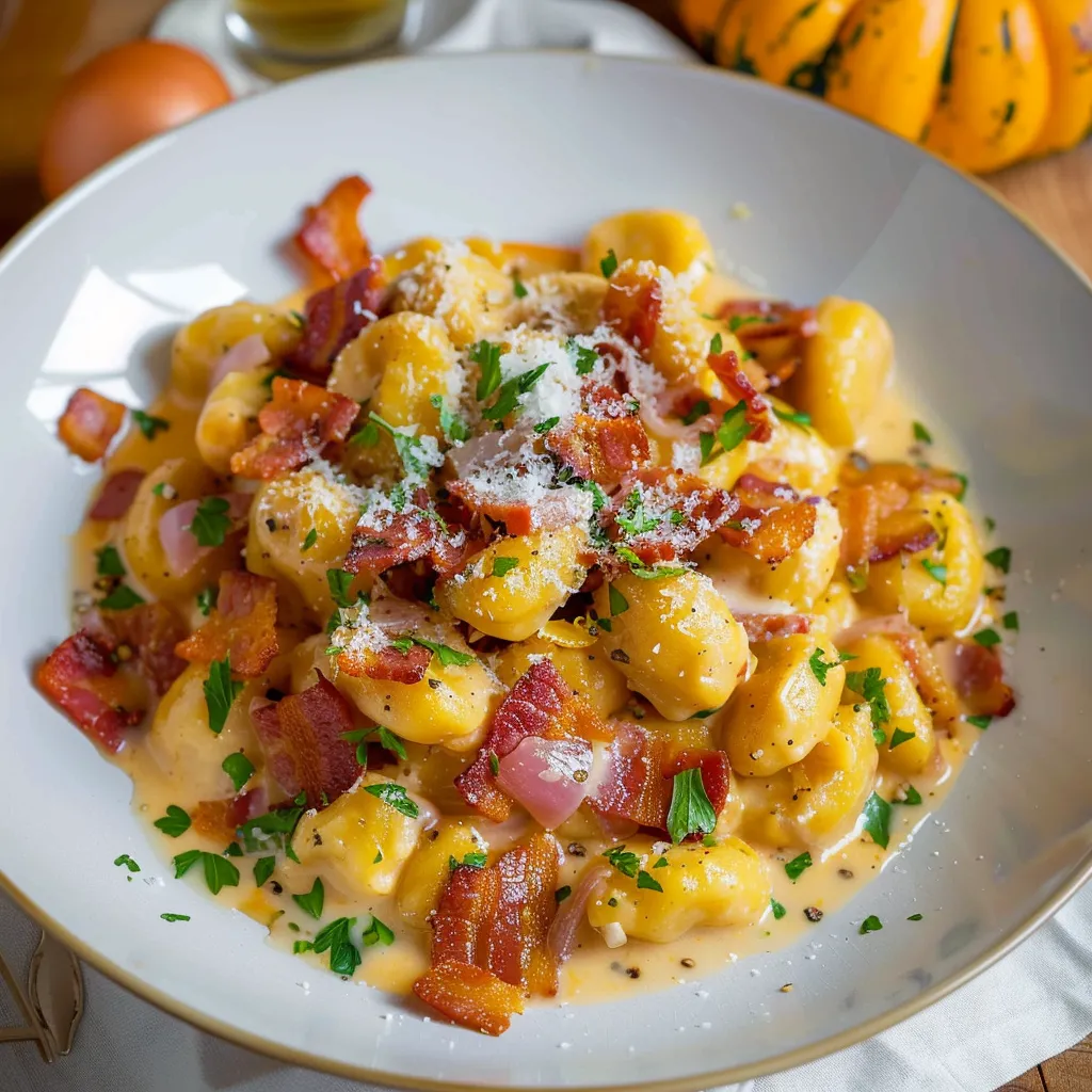 Gnocchis avec crème douce au potimarron et bacon croustillant