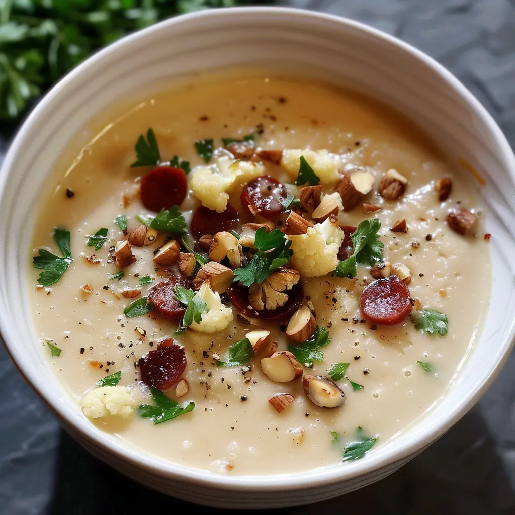 Velouté avec chou-fleur, chorizo et noisettes