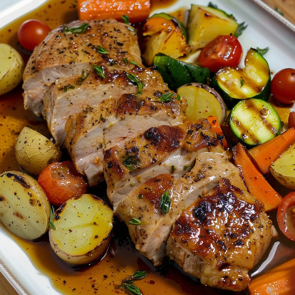 Porc mariné et légumes colorés