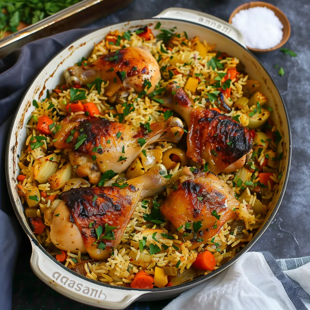 Poulet, riz et légumes cuits au four