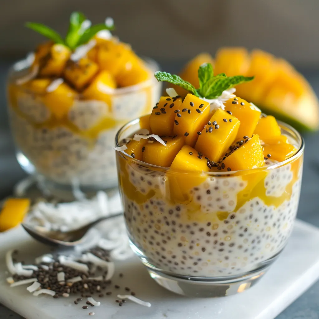 Graines de Chia au lait de coco et mangues