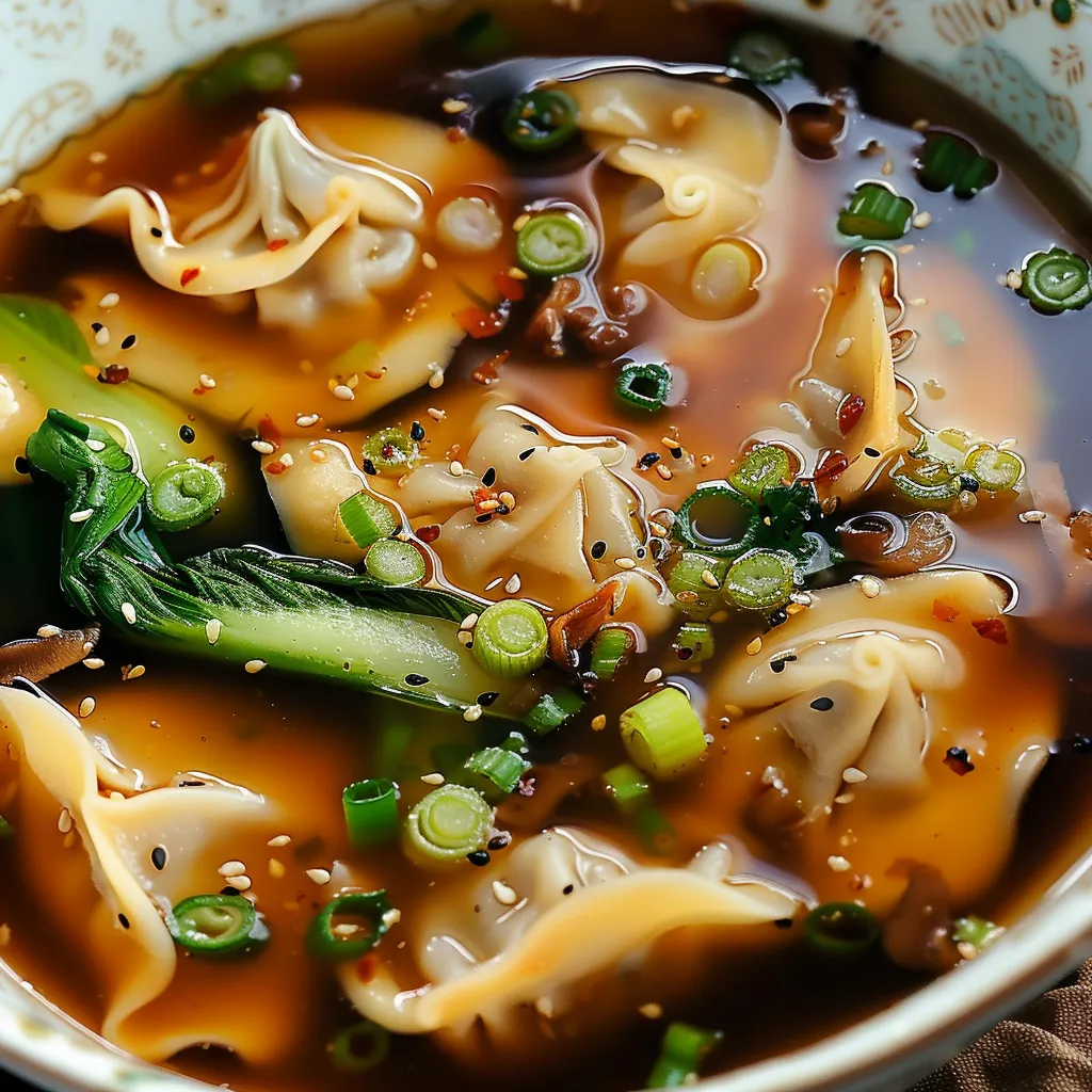 Bol fumant de soupe aux gyozas et légumes frais