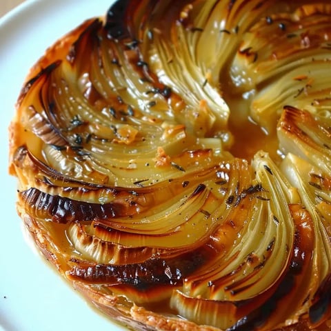 Belle tarte aux oignons caramélisés en spirale sur une grande assiette.
