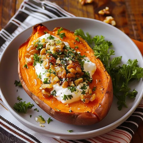 Patate douce au four avec yaourt, noix et miel