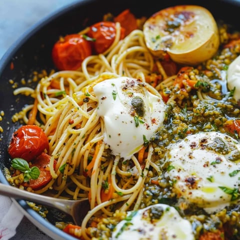 Pâtes à la Burrata et Tomates Rôties avec Pesto